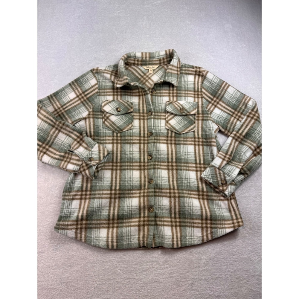 Linda Anderson Womens Fleece Plaid Button Down Shirt Sage Green Brown Large